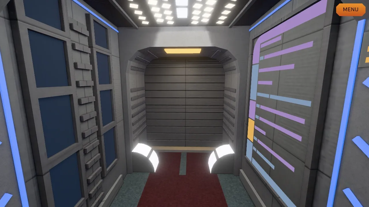 A short corridor stub ending at a ribbed grey bulkhead, with a ladder-like wall panel on the left and a purple-and-blue LCARS display on the right