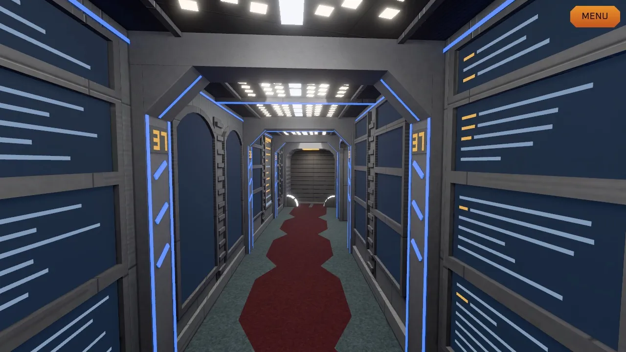 A long habitat ring corridor with blue-lit door frames numbered 37, wall displays and a red zig-zag carpet running toward a ribbed bulkhead at the far end